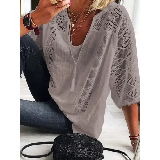 Simple Casual Hollow Lace Split-Joint U-Neck T-Shirt Top Simple Casual Hollow Lace Split-Joint U-Neck T-Shirt Top