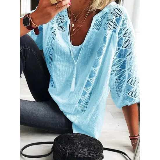 Simple Casual Hollow Lace Split-Joint U-Neck T-Shirt Top Simple Casual Hollow Lace Split-Joint U-Neck T-Shirt Top
