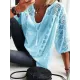 Simple Casual Hollow Lace Split-Joint U-Neck T-Shirt Top Simple Casual Hollow Lace Split-Joint U-Neck T-Shirt Top