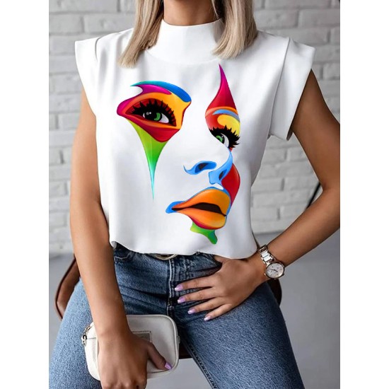 Original Casual High-Neck Cap Sleeves Face Printed T-Shirt Top Original Casual High-Neck Cap Sleeves Face Printed T-Shirt Top