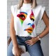 Original Casual High-Neck Cap Sleeves Face Printed T-Shirt Top Original Casual High-Neck Cap Sleeves Face Printed T-Shirt Top