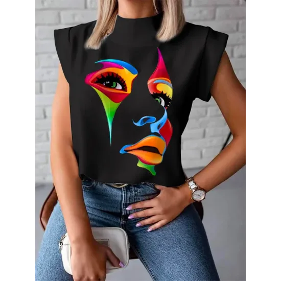 Original Casual High-Neck Cap Sleeves Face Printed T-Shirt Top Original Casual High-Neck Cap Sleeves Face Printed T-Shirt Top