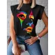 Original Casual High-Neck Cap Sleeves Face Printed T-Shirt Top Original Casual High-Neck Cap Sleeves Face Printed T-Shirt Top