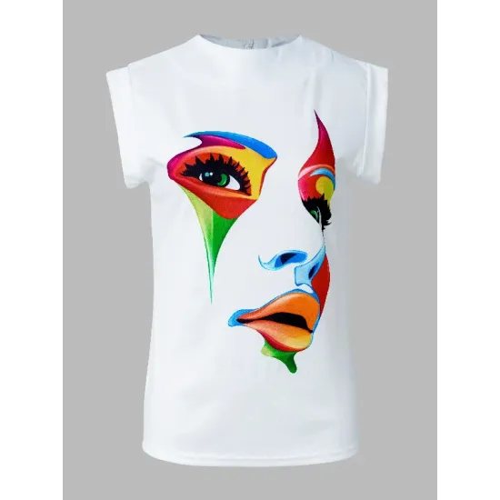 Original Casual High-Neck Cap Sleeves Face Printed T-Shirt Top Original Casual High-Neck Cap Sleeves Face Printed T-Shirt Top