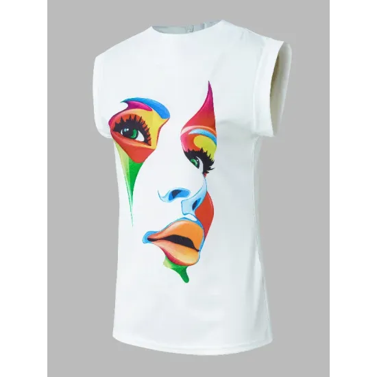Original Casual High-Neck Cap Sleeves Face Printed T-Shirt Top Original Casual High-Neck Cap Sleeves Face Printed T-Shirt Top