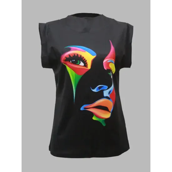 Original Casual High-Neck Cap Sleeves Face Printed T-Shirt Top Original Casual High-Neck Cap Sleeves Face Printed T-Shirt Top