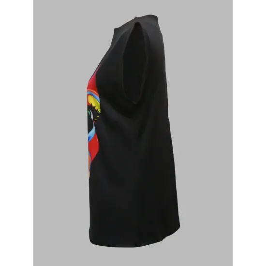 Original Casual High-Neck Cap Sleeves Face Printed T-Shirt Top Original Casual High-Neck Cap Sleeves Face Printed T-Shirt Top