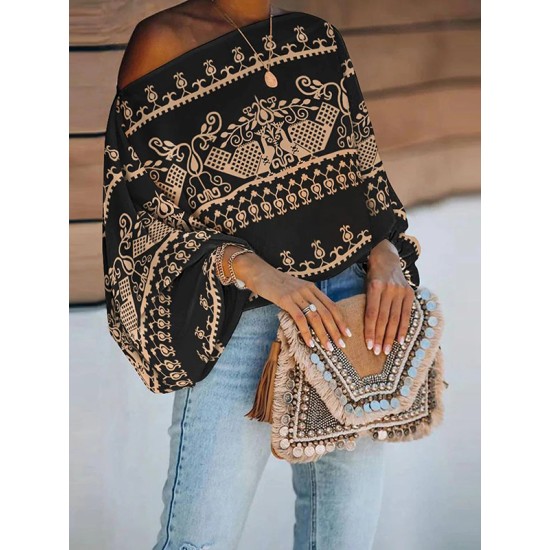 Simple Loose Off-The-Shoulder Geometric Printed Puff Sleeves T-Shirt Top Simple Loose Off-The-Shoulder Geometric Printed Puff Sleeves T-Shirt Top