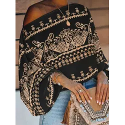 Simple Loose Off-The-Shoulder Geometric Printed Puff Sleeves T-Shirt Top