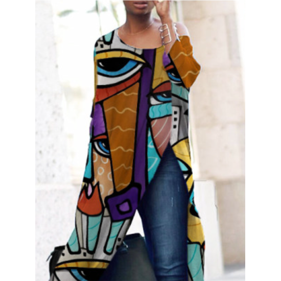 Half Sleeves Loose Contrast Color Printed Split-Side Round-Neck T-Shirts Tops Half Sleeves Loose Contrast Color Printed Split-Side Round-Neck T-Shirts Tops