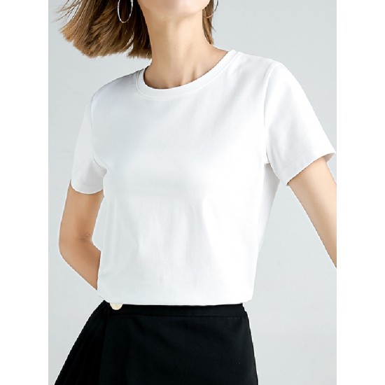 Simple Loose Short Sleeves Solid Color Round-Neck T-Shirts Tops Simple Loose Short Sleeves Solid Color Round-Neck T-Shirts Tops