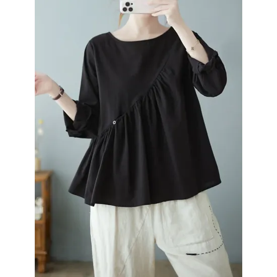 Casual Loose Long Sleeves Solid Color Round-Neck T-Shirts Tops Casual Loose Long Sleeves Solid Color Round-Neck T-Shirts Tops