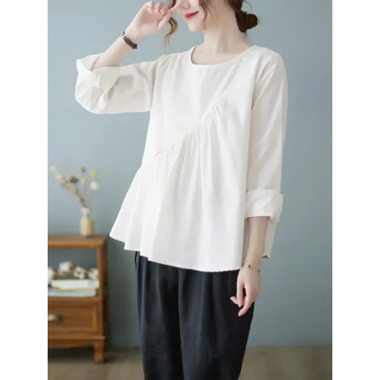 Casual Loose Long Sleeves Solid Color Round-Neck T-Shirts Tops Casual Loose Long Sleeves Solid Color Round-Neck T-Shirts Tops