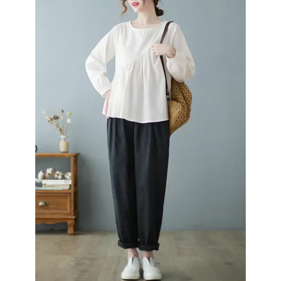 Casual Loose Long Sleeves Solid Color Round-Neck T-Shirts Tops Casual Loose Long Sleeves Solid Color Round-Neck T-Shirts Tops
