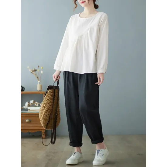 Casual Loose Long Sleeves Solid Color Round-Neck T-Shirts Tops Casual Loose Long Sleeves Solid Color Round-Neck T-Shirts Tops