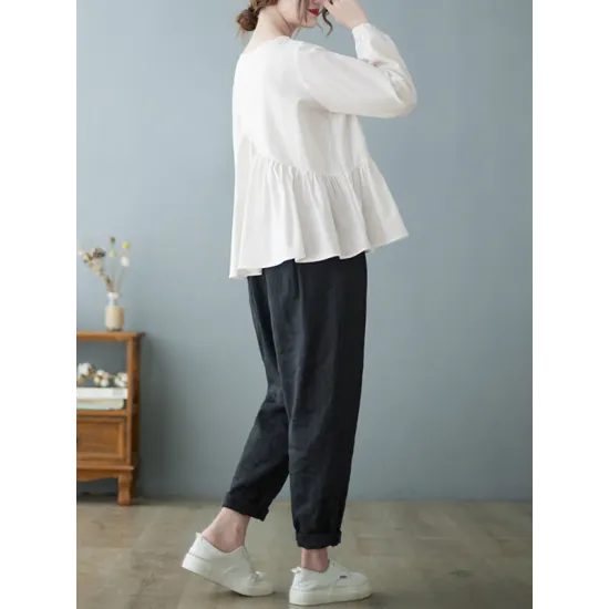 Casual Loose Long Sleeves Solid Color Round-Neck T-Shirts Tops Casual Loose Long Sleeves Solid Color Round-Neck T-Shirts Tops