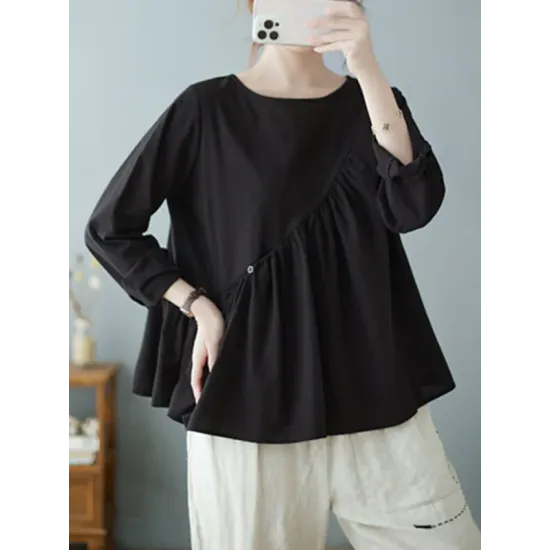 Casual Loose Long Sleeves Solid Color Round-Neck T-Shirts Tops Casual Loose Long Sleeves Solid Color Round-Neck T-Shirts Tops