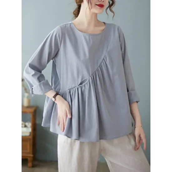 Casual Loose Long Sleeves Solid Color Round-Neck T-Shirts Tops Casual Loose Long Sleeves Solid Color Round-Neck T-Shirts Tops