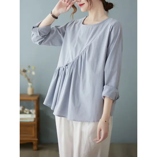 Casual Loose Long Sleeves Solid Color Round-Neck T-Shirts Tops Casual Loose Long Sleeves Solid Color Round-Neck T-Shirts Tops
