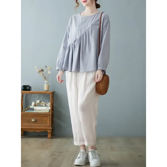 Casual Loose Long Sleeves Solid Color Round-Neck T-Shirts Tops Casual Loose Long Sleeves Solid Color Round-Neck T-Shirts Tops