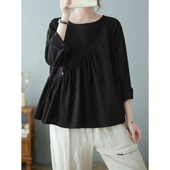Casual Loose Long Sleeves Solid Color Round-Neck T-Shirts Tops Casual Loose Long Sleeves Solid Color Round-Neck T-Shirts Tops