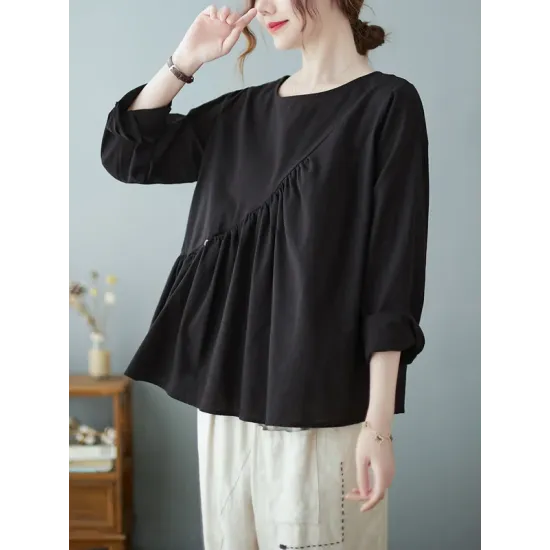 Casual Loose Long Sleeves Solid Color Round-Neck T-Shirts Tops Casual Loose Long Sleeves Solid Color Round-Neck T-Shirts Tops