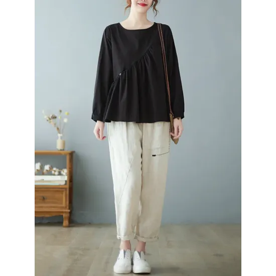 Casual Loose Long Sleeves Solid Color Round-Neck T-Shirts Tops Casual Loose Long Sleeves Solid Color Round-Neck T-Shirts Tops
