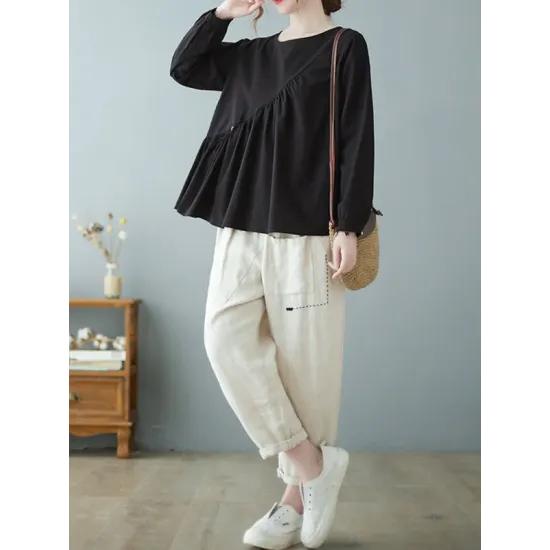 Casual Loose Long Sleeves Solid Color Round-Neck T-Shirts Tops Casual Loose Long Sleeves Solid Color Round-Neck T-Shirts Tops