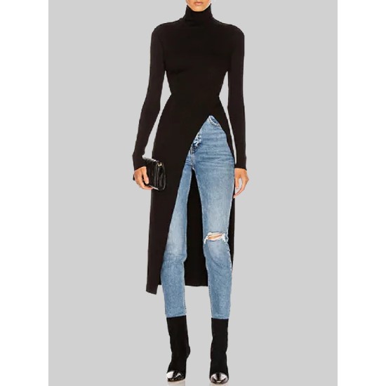 Simple Skinny Split-Side Solid Color High-Neck T-Shirts Tops Simple Skinny Split-Side Solid Color High-Neck T-Shirts Tops