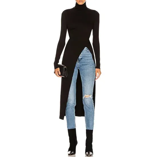 Simple Skinny Split-Side Solid Color High-Neck T-Shirts Tops Simple Skinny Split-Side Solid Color High-Neck T-Shirts Tops
