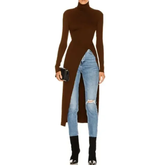 Simple Skinny Split-Side Solid Color High-Neck T-Shirts Tops Simple Skinny Split-Side Solid Color High-Neck T-Shirts Tops