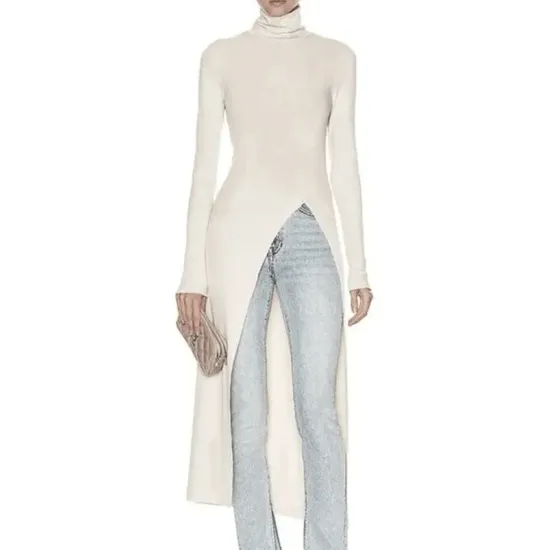 Simple Skinny Split-Side Solid Color High-Neck T-Shirts Tops Simple Skinny Split-Side Solid Color High-Neck T-Shirts Tops