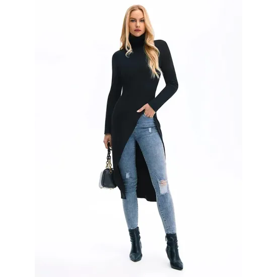 Simple Skinny Split-Side Solid Color High-Neck T-Shirts Tops Simple Skinny Split-Side Solid Color High-Neck T-Shirts Tops