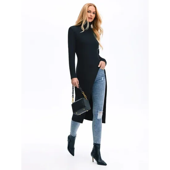 Simple Skinny Split-Side Solid Color High-Neck T-Shirts Tops Simple Skinny Split-Side Solid Color High-Neck T-Shirts Tops