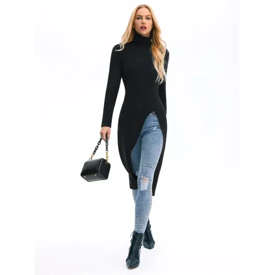 Simple Skinny Split-Side Solid Color High-Neck T-Shirts Tops Simple Skinny Split-Side Solid Color High-Neck T-Shirts Tops