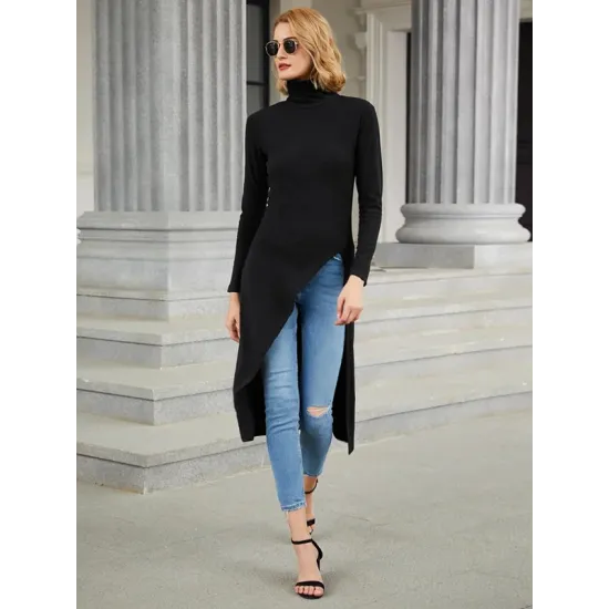 Simple Skinny Split-Side Solid Color High-Neck T-Shirts Tops Simple Skinny Split-Side Solid Color High-Neck T-Shirts Tops