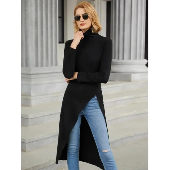 Simple Skinny Split-Side Solid Color High-Neck T-Shirts Tops Simple Skinny Split-Side Solid Color High-Neck T-Shirts Tops