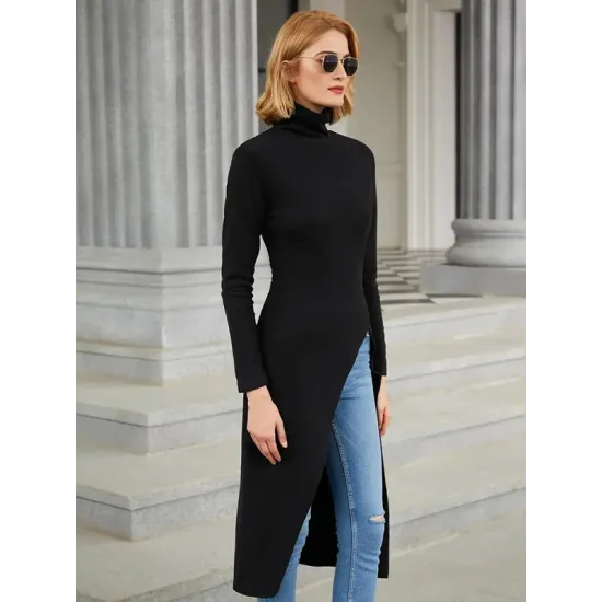 Simple Skinny Split-Side Solid Color High-Neck T-Shirts Tops Simple Skinny Split-Side Solid Color High-Neck T-Shirts Tops