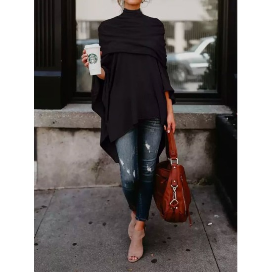 Casual Asymmetric Solid Color High-Neck T-Shirts Tops Casual Asymmetric Solid Color High-Neck T-Shirts Tops