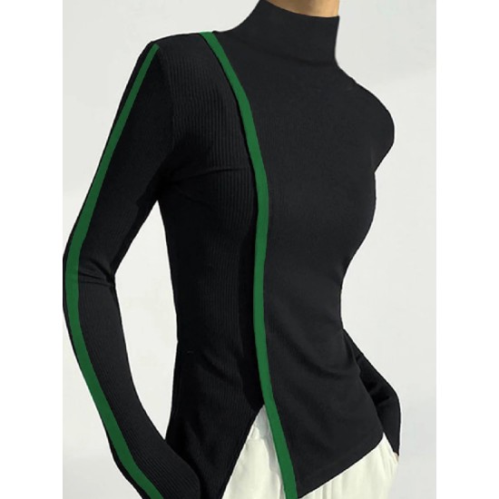 Urban Long Sleeves Skinny Contrast Color Split-Side High-Neck T-Shirts Tops Urban Long Sleeves Skinny Contrast Color Split-Side High-Neck T-Shirts Tops