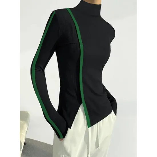 Urban Long Sleeves Skinny Contrast Color Split-Side High-Neck T-Shirts Tops Urban Long Sleeves Skinny Contrast Color Split-Side High-Neck T-Shirts Tops