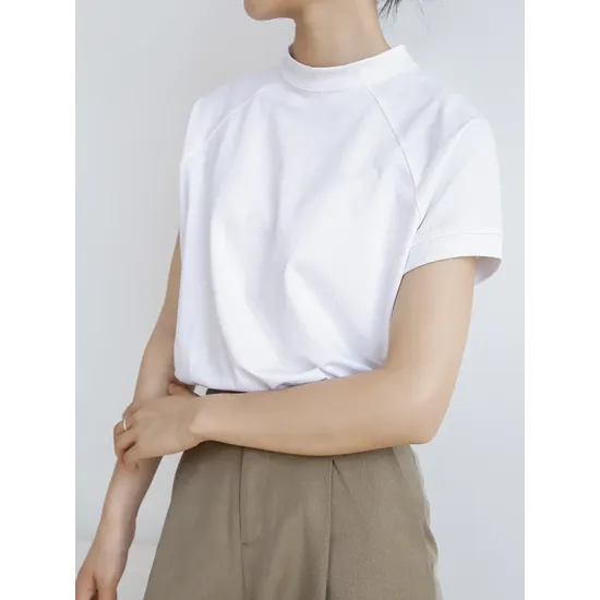 Casual Short Sleeves Loose Solid Color Stand Collar T-Shirts Tops Casual Short Sleeves Loose Solid Color Stand Collar T-Shirts Tops