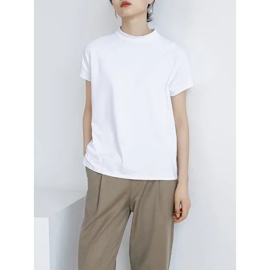 Casual Short Sleeves Loose Solid Color Stand Collar T-Shirts Tops Casual Short Sleeves Loose Solid Color Stand Collar T-Shirts Tops