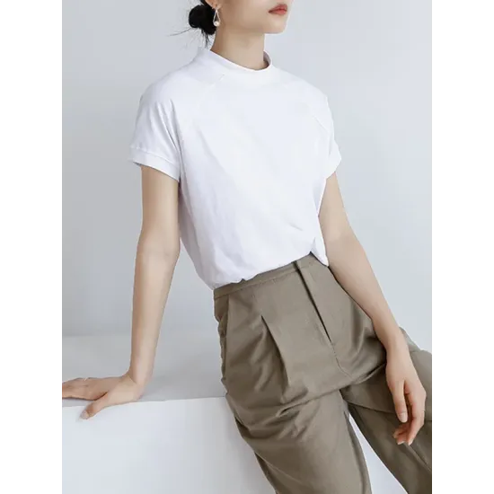 Casual Short Sleeves Loose Solid Color Stand Collar T-Shirts Tops Casual Short Sleeves Loose Solid Color Stand Collar T-Shirts Tops
