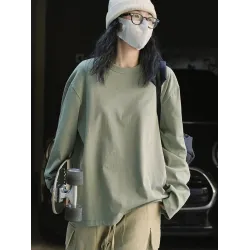 Casual Long Sleeves Loose Solid Color Round-Neck T-Shirts Tops