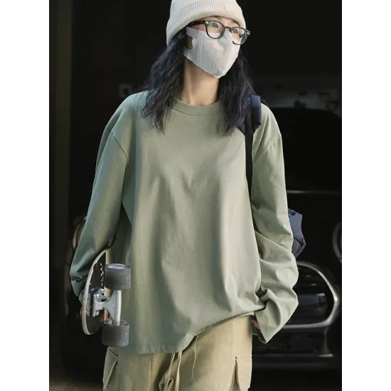 Casual Long Sleeves Loose Solid Color Round-Neck T-Shirts Tops Casual Long Sleeves Loose Solid Color Round-Neck T-Shirts Tops