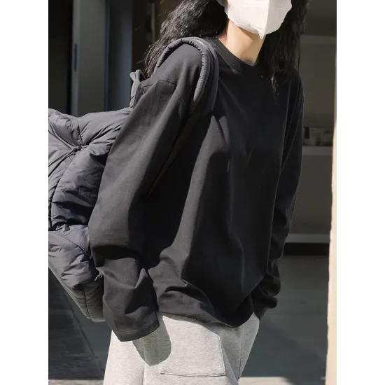 Casual Long Sleeves Loose Solid Color Round-Neck T-Shirts Tops Casual Long Sleeves Loose Solid Color Round-Neck T-Shirts Tops