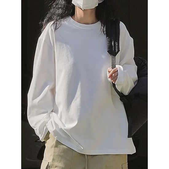 Casual Long Sleeves Loose Solid Color Round-Neck T-Shirts Tops Casual Long Sleeves Loose Solid Color Round-Neck T-Shirts Tops