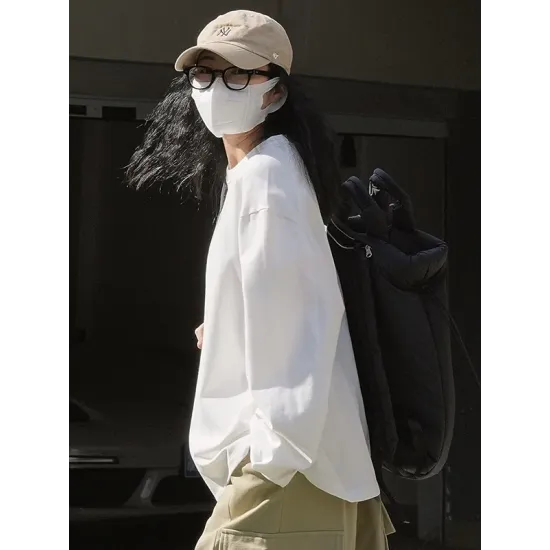 Casual Long Sleeves Loose Solid Color Round-Neck T-Shirts Tops Casual Long Sleeves Loose Solid Color Round-Neck T-Shirts Tops