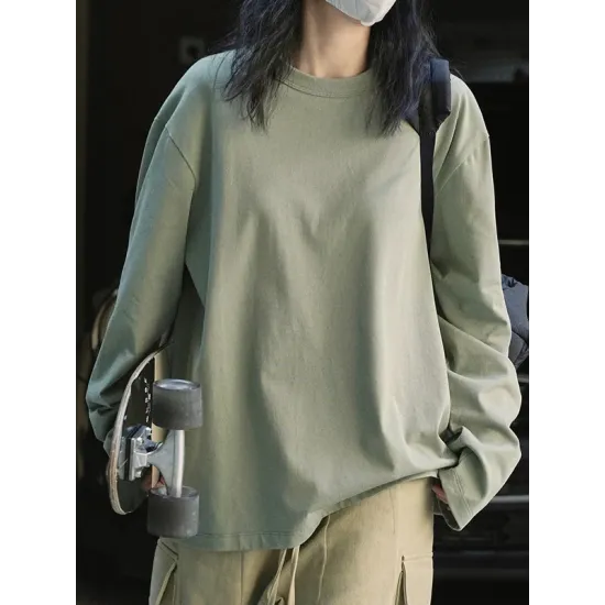 Casual Long Sleeves Loose Solid Color Round-Neck T-Shirts Tops Casual Long Sleeves Loose Solid Color Round-Neck T-Shirts Tops